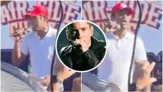 Vivek Ramaswamy raps Eminem's "Lose Yourself" during the Iowa State Fair (Credit: Shelby Talcott Twitter video screenshot and Getty Images)
