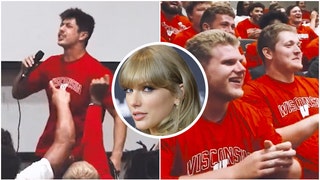 The Wisconsin Badgers football team is all in on Taylor Swift. QB Cole LaCrue and the team sang a Swift song in a viral video. (Credit: Getty Images and Twitter Video Screenshot/https://twitter.com/BadgerFootball/status/1694134241435533393)