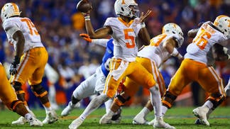 Hendon Hooker #5 of the Tennessee Volunteers throws a pass during a game against the Florida Gators