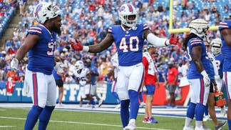 Buffalo Bills Von Miller dances during practice on August 05, 2022 in Orchard Park, New York.