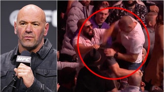Dana White reacts to Sean Strickland's beat down on Dricus Du Plessis. (Credit: Screenshot/Twitter video https://twitter.com/ufc/status/1736275668256567687 and Getty Images)