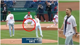 Zach Ertz throws horrible first pitch. (Credit: Screenshot/Twitter Video https://twitter.com/MLBONFOX/status/1655021757537873920)
