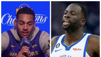 Golden State Warriors star Jordan Poole reacts to Draymond Green punching him. (Credit: Getty Images and Twitter Video Screenshot/https://twitter.com/NBCSWarriors/status/1581744872142143488)