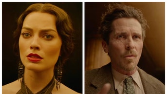 Christian Bale stars in "Amsterdam" with Margot Robbie and Taylor Swift. (Credit: Screenshot/YouTube Video https://www.youtube.com/watch?v=4LBGoad5Qjs and https://www.youtube.com/watch?v=rlT5hdcojRE)