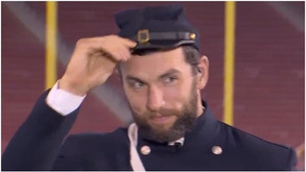 Andrew Luck wears Civil War costume to 49ers/Giants game. (Credit: Screenshot/Twitter Video https://twitter.com/NFLonPrime/status/1705072165022769478)