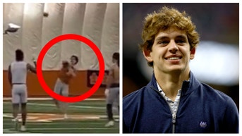 Video shows Texas QB Arch Manning slinging it. (Credit: Getty Images and Twitter Video Screenshot/https://twitter.com/HookemHeadlines/status/1616925643589001218)