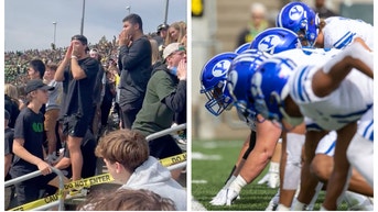 Oregon fans unleash disgusting rant directed at BYU and Mormons during Saturday game. (Credit: Screenshot/Twitter Video https://twitter.com/JohnHopkins2022/status/1571262471016415237 and Getty Images)