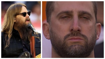 Country musician Chris Stapleton reacts to epic Super Bowl national anthem performance. (Credit: Screenshot/Twitter Video https://twitter.com/NFL/status/1624914471549554688 and Getty Images)