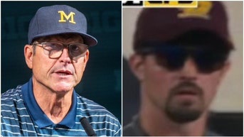 More photos have hit the web of the man many believe is Connor Stalions on the CMU sidelines. Jim McElwain has responded. (Credit: Getty Images and FS1 Broadcast)