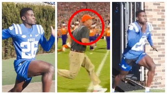 The Duke trolls Dabo Swinney with schedule announcement. (Credit: Screenshot/Twitter Video https://twitter.com/ClemsonFB/status/1571290866014367744 and https://twitter.com/DukeFOOTBALL/status/1620211877316902912)