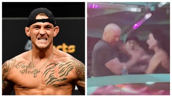 UFC star Dustin Poirier reacts to UFC president Dana White hitting his wife. (Credit: Getty Images and TMZ Video Screenshot)