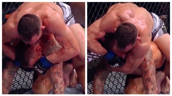 Dustin Poirier claims Michael Chandler fish hooked him during UFC 281 fight Saturday night. (Credit: Screenshot/Twitter Video https://twitter.com/FTBeard7/status/1591652263520792577)
