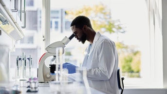 Scientist looking into microscope
