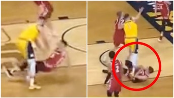 Did Michigan star basketball player Hunter Dickinson stomp on Tyler Wahl this past Sunday? (Credit: Screenshot/Twitter Video https://twitter.com/DillonGraff/status/1630012700121001985)