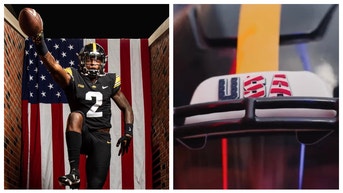 The Iowa Hawkeyes will wear special helmets for Veterans Day against Wisconsin. (Credit: Iowa Football Twitter/https://twitter.com/HawkeyeFootball/status/1590147159130775554 and https://twitter.com/HawkeyeFootball/status/1590172031303024640)