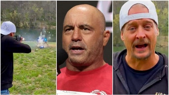 Joe Rogan says it was "game over" for Bud Light once Kid Rock shot the cans. (Credit: Getty Images and Twitter video screenshot/https://twitter.com/KidRock/status/1643090302410936323)