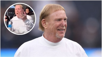 Mark Davis argues with fans demanding Josh McDaniels be fired. (Credit: Getty Images and Twitter Video Screenshot/https://twitter.com/NFL_DovKleiman/status/1709192120274170338)