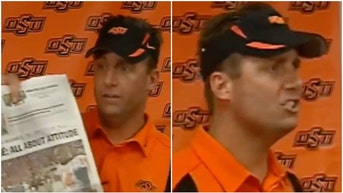 Mike Gundy's infamous "I'm a man" rant turns 16 years old. (Credit: Screenshot/Twitter Video https://twitter.com/JoeKinseyexp/status/1705181449391857870)
