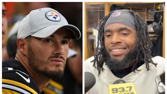 Steelers receiver Diontae Johnson confirms argument with Mitch Trubisky. (Credit: Getty Images and Twitter Video Screenshot/https://twitter.com/JRown32/status/1582807368705794048)