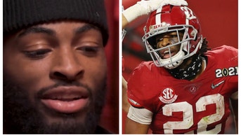 Former Crimson Tide running back Najee Harris jokes about taking money at Alabama. (Credit: Screenshot/Twitter Video https://twitter.com/barstoolsports/status/1577259262182563840 and Getty Images)