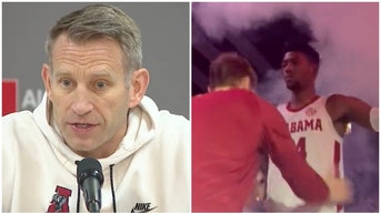 Alabama coach Nate Oats explains Brandon Miller frisking. (Credit: Screenshot/Twitter video https://twitter.com/RyanWVTM13/status/1629558488144781315/https://twitter.com/ChrisMcCulleyTV/status/1630645994672013312)