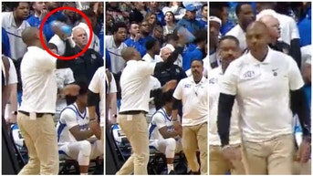 Memphis coach Penny Hardaway throws water bottle after loss. (Credit: Screenshot/Twitter Video https://twitter.com/gifdsports/status/1636940782572544000)