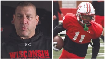 Wisconsin Badgers OC Phil Longo praises Wisconsin's WRs. (Credit: Screenshot/Twitter Video https://twitter.com/BadgerFootball/status/1648461410475868162)