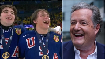 Piers Morgan applauds USA hockey players for singing national anthem with pride. (Credit: Getty Images and X video screenshot https://twitter.com/AlexiLalas/status/1743733798926532646)