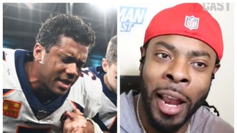 Richard Sherman explains why Denver Broncos QB Russell Wilson is struggling. (Credit: Getty Images and Twitter video/Screenshot https://twitter.com/brgridiron/status/1587549691817775104)