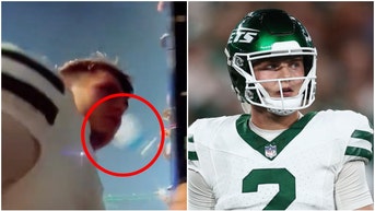 Zach Wilson's mom reacts to him getting hit by a water bottle. (Credit: Getty Images and Twitter Video Screenshot/https://twitter.com/sicwitit32/status/1701438030941450432)