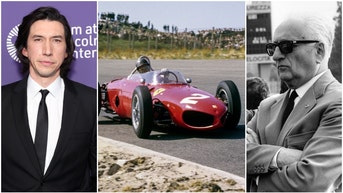 Adam Driver, a Ferrari 156, and Enzo Ferrari.