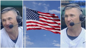 Air Force baseball coach Mike Kazlausky gives awesome pro-America interview. (Credit: Screenshot/Twitter Video https://twitter.com/NashTalksTexas/status/1643376392661356544 and Getty Images)