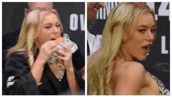 Boxer Elle Brooke wears a bikini and drinks beer during weigh-in. (Credit: Screenshot/YouTube Video https://www.youtube.com/watch?v=K0BKdVnWOIQ)