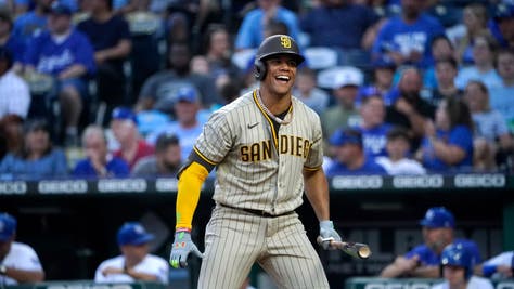 Padres star Juan Soto reacts during a game