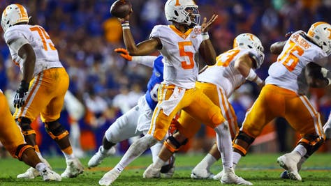 Hendon Hooker #5 of the Tennessee Volunteers throws a pass during a game against the Florida Gators