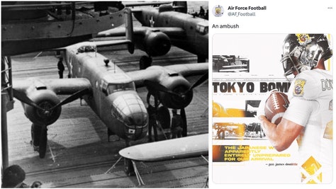 People on the internet are upset Air Force football is honoring the Doolittle Raid and tweeted a photo captioned "An Ambush." (Credit: Getty Images and Air Force Twitter)