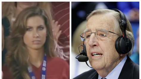 Brent Musburger calls out "woke journalists" over Katherine Webb comments back in early 2013. He called her beautiful during the national title game. (Credit: Screenshot/YouTube Video https://www.youtube.com/watch?v=5hg7CxBdJHk and Getty Images)
