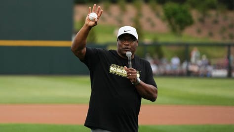 Bo Jackson throws out the first pitch before Auburn's baseball game. He started his bike ride today through Alabama. Courtesy of Auburn Athletics