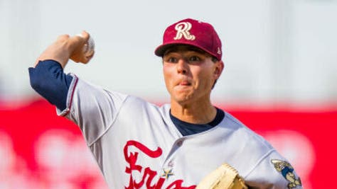 Jack Leiter Throws Pitch For Frisco Rough Riders With Tongue Out