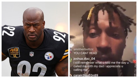 James Harrison responds to Antonio Brown's CTE claim. (Credit: Getty Images and Twitter Video Screenshot/https://twitter.com/uSTADIUM/status/1621706891410784257)