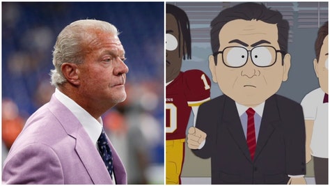Indianapolis Colts owner Jim Irsay trolls NFL owners with "South Park" owner. (Credit: Screenshot/YouTube Video https://youtu.be/rnK-jYzaWtw and Getty Images)