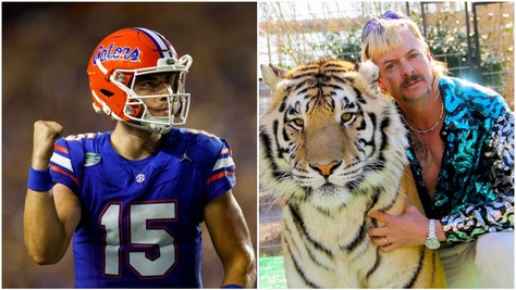 Joe Exotic uncorked a hilarious hot take amid his feud with Florida State QB Jordan Travis. He declared Graham Mertz the king of Florida. (Credit: Netflix and Getty Images)