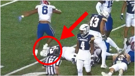 Louisiana Tech linebacker Brevin Randle stepped on UTEP lineman Steven Hubbard's head. Watch a video of the play. (Credit: Screenshot/X Video https://twitter.com/PFF_College/status/1707941379471450231)