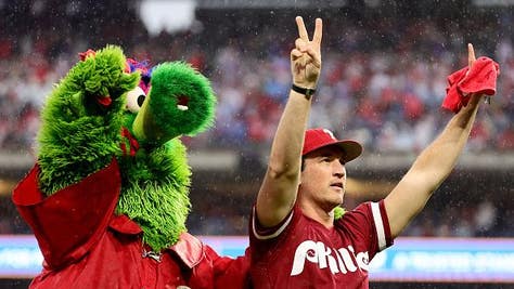 Miles Teller celebrates the Philadelphia Phillies in the World Series