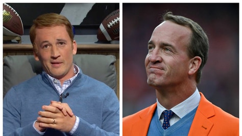 Miles Teller does awesome Peyton Manning impression on "SNL." (Credit: Screenshot/Twitter Video https://twitter.com/nbcsnl/status/1576421637003542528 and Getty Images)