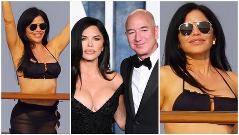 Jeff Bezos' fiancée Lauren Sanchez soaked up the sun while bikini-clad on his yacht Koru. See photos of her in a bikini. (Credit: EliotPress/MEGA and Getty Images)