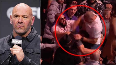 Dana White reacts to Sean Strickland's beat down on Dricus Du Plessis. (Credit: Screenshot/Twitter video https://twitter.com/ufc/status/1736275668256567687 and Getty Images)