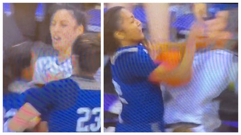 Players fight during George Washington/TCU women's basketball game. Eight players were ejected. (Credit: Screenshot/Twitter Video https://twitter.com/n1a2v3y4/status/1599932561761112065)