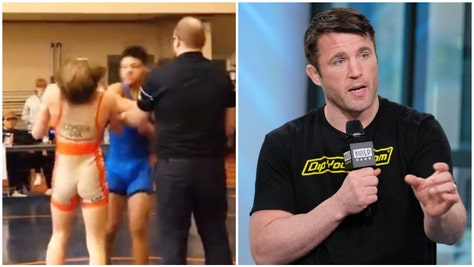 Former MMA star Chael Sonnen urges against banning youth wrestler who threw a punch for life. (Credit: Twitter Video/https://twitter.com/MrPatMineo/status/1646980265766518787 and Getty Images)