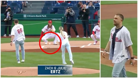Zach Ertz throws horrible first pitch. (Credit: Screenshot/Twitter Video https://twitter.com/MLBONFOX/status/1655021757537873920)